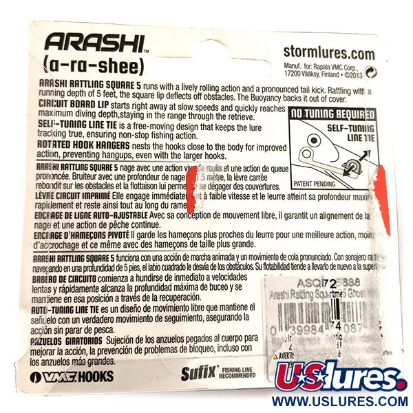 Storm Arashi Rattling Square 5 Crankbait, Ghost, 18g, Self-Tuning, #11953