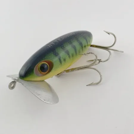 Fred Arbogast Jitterbug Early Bug Eye, 14g, Green Tiger, Crawler de Surface #23902