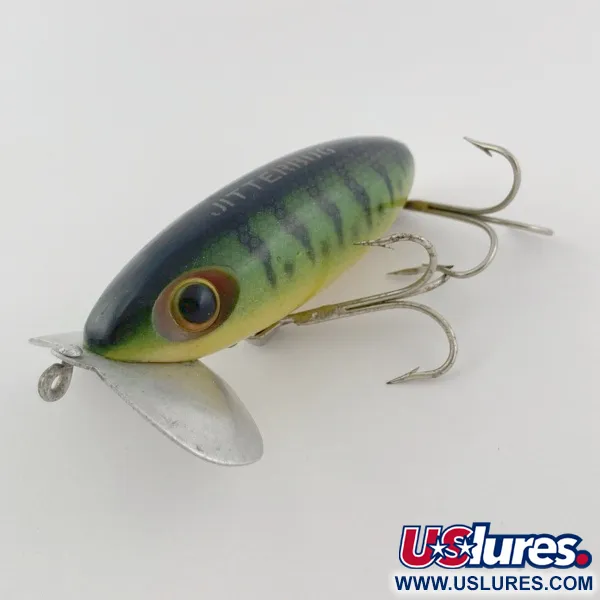 Fred Arbogast Jitterbug Early Bug Eye, 14g, Green Tiger, Crawler de Surface #23902