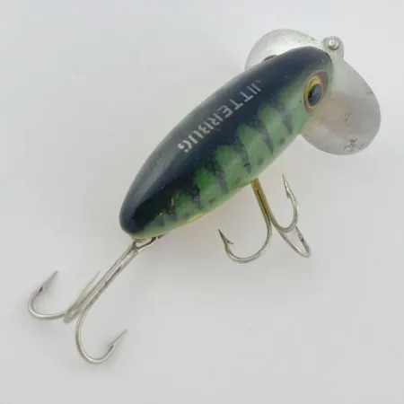Fred Arbogast Jitterbug Early Bug Eye, 14g, Green Tiger, Crawler de Surface #23902