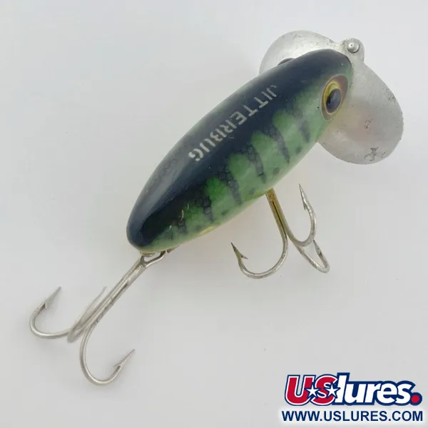Fred Arbogast Jitterbug Early Bug Eye, 14g, Green Tiger, Crawler de Surface #23902