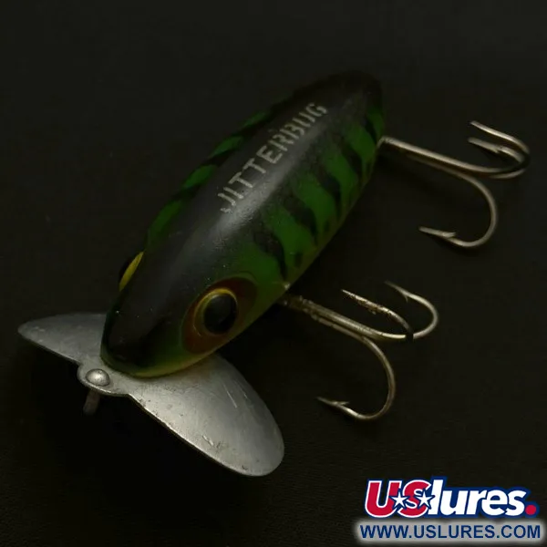 Fred Arbogast Jitterbug Early Bug Eye, 14g, Green Tiger, Crawler de Surface #23902