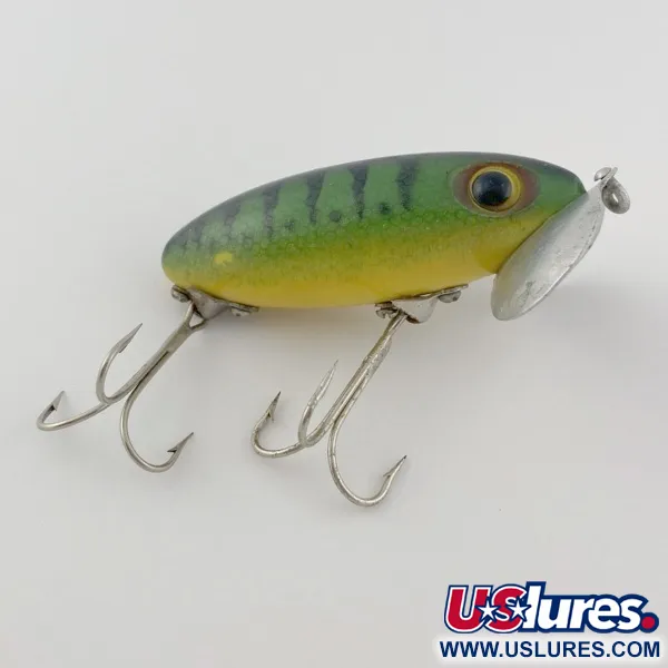 Fred Arbogast Jitterbug Early Bug Eye, 14g, Green Tiger, Crawler de Surface #23902