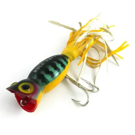 Fred Arbogast Hula Popper, Fire Tiger, 3g, Jupe Caoutchouc, #5867