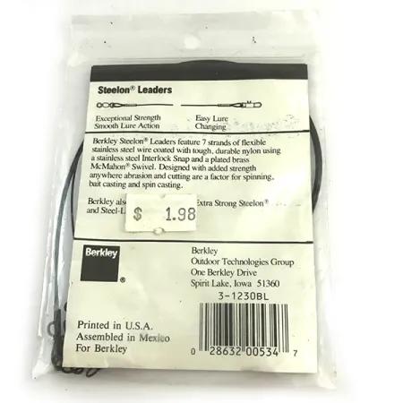 Berkley Steelon Leaders Bas de Ligne, Noir, 13.6kg, 30cm, #6198